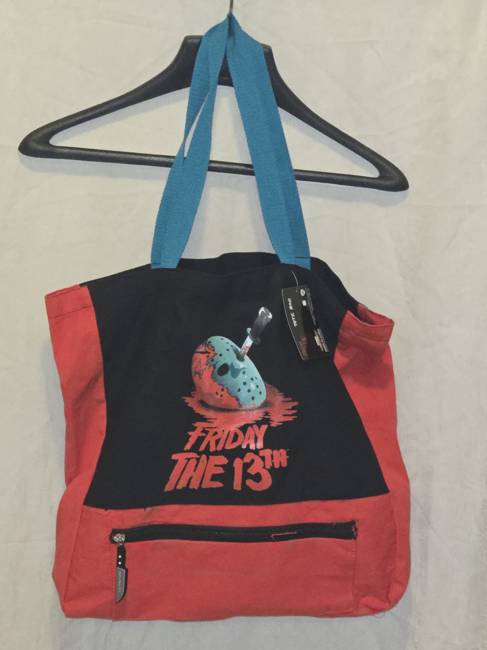 Friday the 13th Red & Black Graphic Canvas Tote with Teal Handles